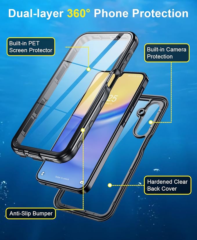 Beasyjoy for Samsung Galaxy A15 5G Case Waterproof, IP68 Underwater with Built-in Screen Protector, Full Body Military Grade Shockproof Dustproof Protective Rugged Cover, Black