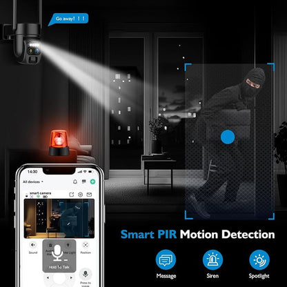 Hawkray Pannel Solar Wireless Outdoor Security Camera， Dual-Lens, 10xZoom, 2K Resolution 3MP 360°Pan/Tilt，2.4&5G WiFi Battery Powered Camera with Spotlight Alarm PIR Motion Detection