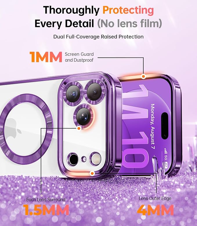 Meifigno Designed for iPhone 17 Pro Magnetic Case with Removable Phone Ring Stand, [Glitter Card & Wrist Strap] [MagSafe Compatible] [Built-in Mirror] Phone Ring Stand + Phone Case Kit, Purple