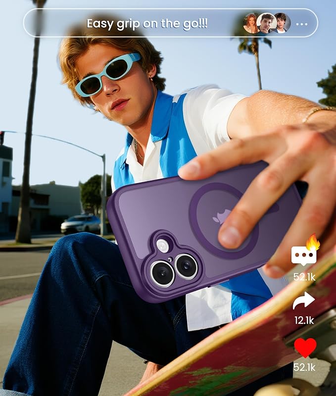 FNTCASE for iPhone 16 Case: [Compatible with Magsafe] Translucent Matte Cases with [Full Camera Protection] [Screen Protector] Military Grade Shockproof Protective Phone Cover - Purple