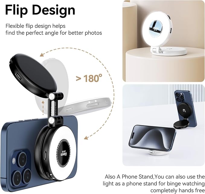 Fill Light for Magsafe LED Phone Light Attachment Selfie Ring Light Brightness Adjustable Compatible w Magsafe for iPhone Smartphone Vlogs/Photography/Video Conference Color Black