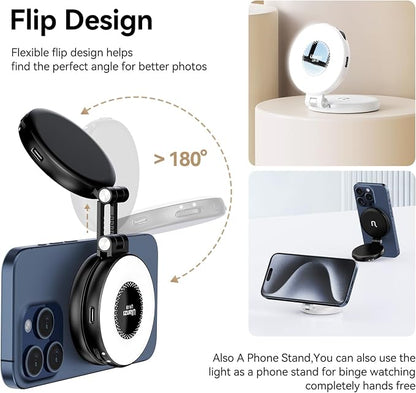 Fill Light for Magsafe LED Phone Light Attachment Selfie Ring Light Brightness Adjustable Compatible w Magsafe for iPhone Smartphone Vlogs/Photography/Video Conference Color Black