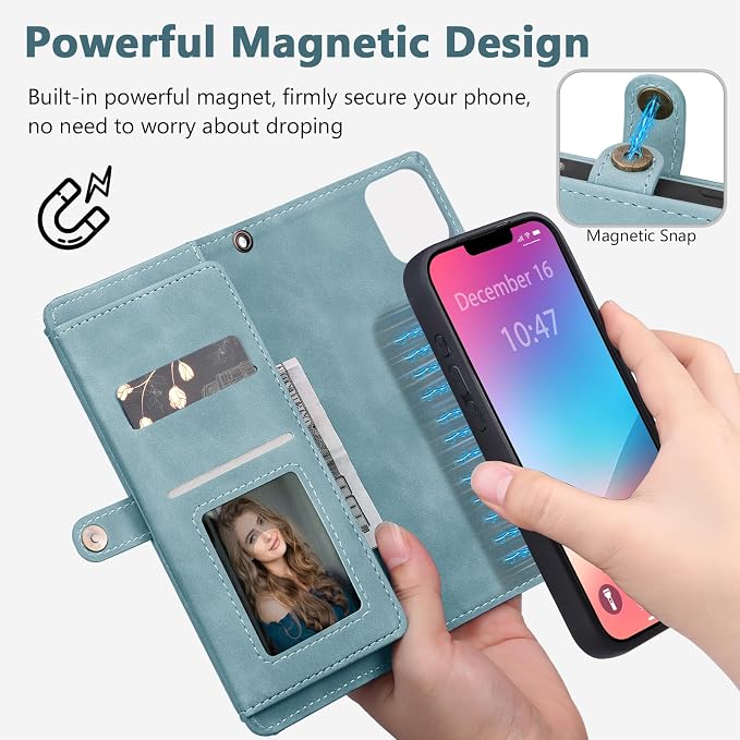Wallet Case for iPhone 13 Pro Max with Card Holder/Crossbody Wallet/Strap| RFID Blocking | Magnetic | Kickstand | Detachable | PU Leather Phone Case for iPhone 13 Pro Max,6.7 in,Blue