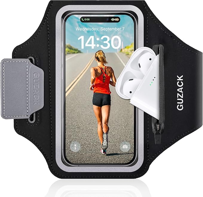 GUZACK Running Phone Holder with Zipper Pouch, Running Armband for iPhone 17/16/15/14/13/12/11 Pro Max/Plus, Galaxy S25/S24/S23/S22, Cell Phone Arm Holder with Card Slot - Size S
