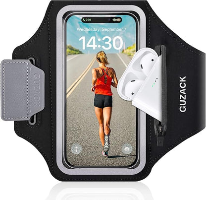 GUZACK Running Phone Holder with Zipper Pouch, Running Armband for iPhone 17/16/15/14/13/12/11 Pro Max/Plus, Galaxy S25/S24/S23/S22, Cell Phone Arm Holder with Card Slot - Size S