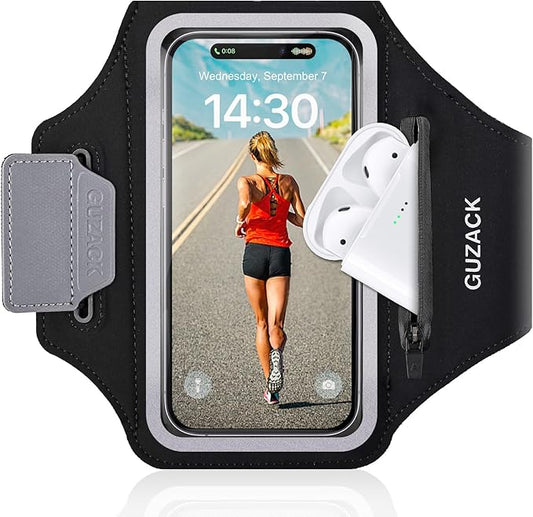 GUZACK Running Phone Holder with Zipper Pouch, Running Armband for iPhone 17/16/15/14/13/12/11 Pro Max/Plus, Galaxy S25/S24/S23/S22, Cell Phone Arm Holder with Card Slot - Size S
