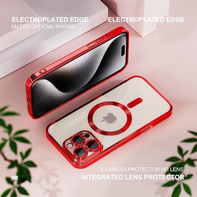 Misea Magnetic for iPhone 16 Pro Case Compatible with MagSafe [Never Yellowing] [Military Grade Drop Protection] Full Camera Lens Protector Plating Soft Clear Phone Case for Women 6.3", Red