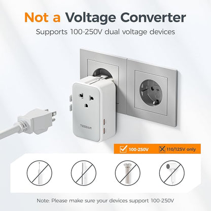 TESSAN Universal Travel Adapter PD 25W, Ultra Thin International adapter | Fast Charger, Worldwide Plug Adaptor 2 USB A 2 USB C for US to European UK Australia Ireland, Type C G A I