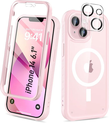 Compatible with iPhone 14 Case, Built-in Screen Protector, with Camera Lens Protector, [Compatible with MagSafe] Full Body Phone Case, Magnetic Protective Cover for 14 6.1" (Pink)