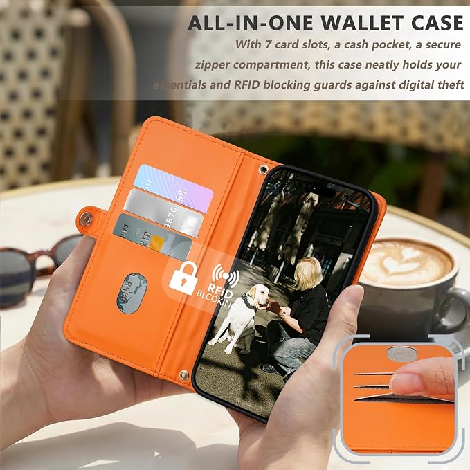 Rssviss Crossbody Wallet Case for iPhone 17 Pro Max 6.9", with Make Up Mirror, Wrist Strap, Zipper Purse Magnetic Flip, RFID Blocking Card Holder Kickstand, PU Leather Shockproof Women, Orange