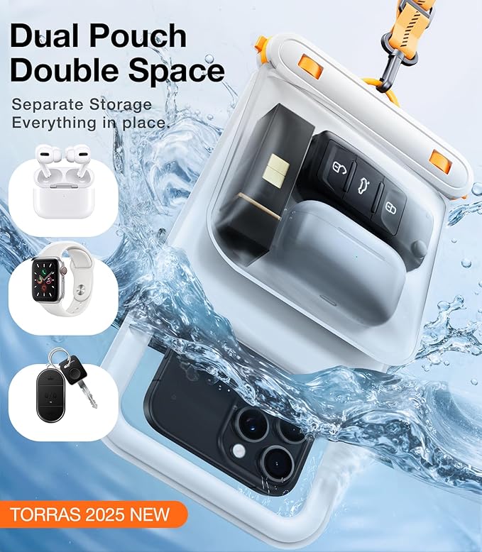 TORRAS IP68 Waterproof Phone Pouch Double Space, Floating Waterproof Phone Case with Lanyard for iPhone 17 Pro Max 16 15 14 S26 S25, Phone Dry Bag Vacation Cruise Ship Travel Essentials 7.0'', White