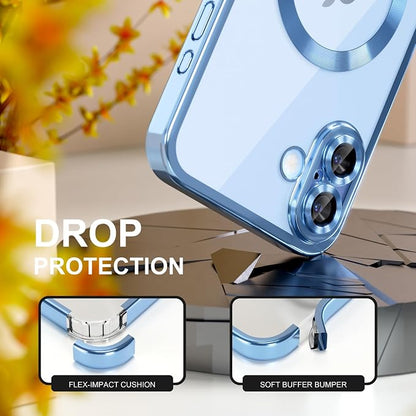 Misea Magnetic for iPhone 17 Case Compatible with MagSafe [Never Yellowing] [Military Grade Drop Protection] Full Camera Lens Protector Plating Soft Clear Phone Case for Women, Mist Blue