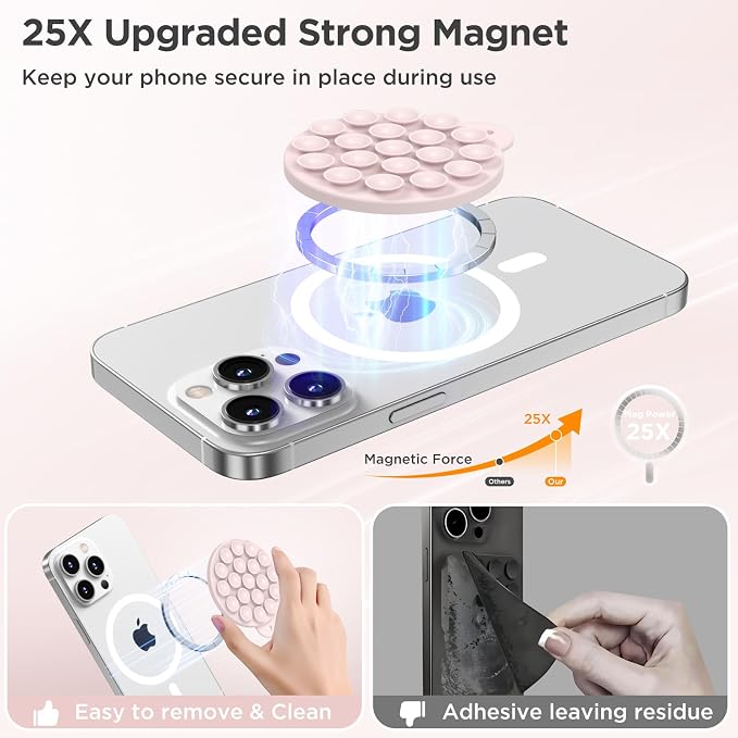Magnetic Suction Cup Phone Mount, Compatible with MagSafe, Silicone Octo Cup Buddy Sticky Grip Holder for iPhone and Android, Removable Hands-Free Selfie/Video for TikTok, Lovely Pink