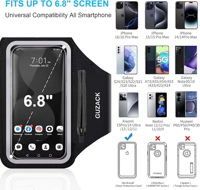 GUZACK Running Phone Holder with Zipper Pouch, Running Armband for iPhone 17/16/15/14/13 Pro Max/Plus, Galaxy S25/S24/S23/S22, Cell Phone Arm Holder with Card Slot - Size L (Bigger Arm 14-17 in)