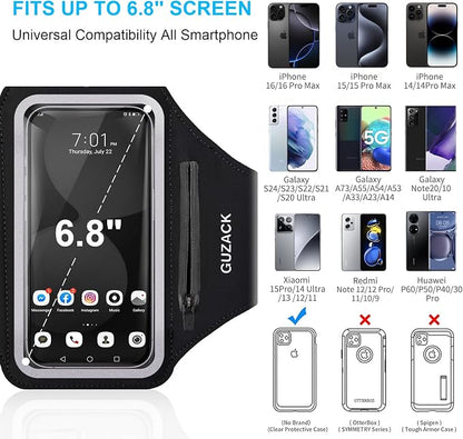 GUZACK Running Phone Holder with Zipper Pouch, Running Armband for iPhone 17/16/15/14/13 Pro Max/Plus, Galaxy S25/S24/S23/S22, Cell Phone Arm Holder with Card Slot - Size L (Bigger Arm 14-17 in)