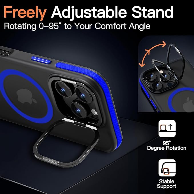 Magnetic case for iPhone 16 Pro [10Ft Military-Grade Protection] Built-in Camera Stand Phone case, Compatible with fit MagSafe Shockproof Slim Thin Cover 6.3 inch,Blue Bumper Stand