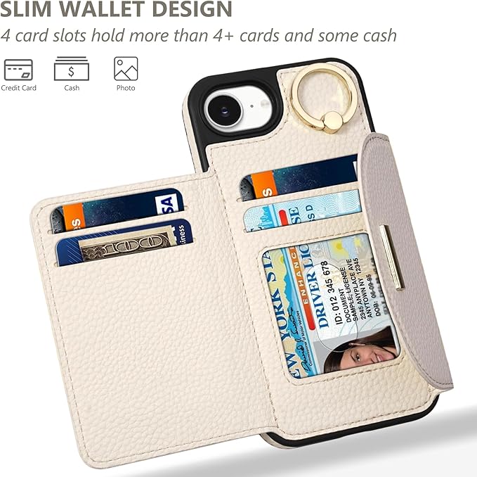 Keallce Wallet Case for iPhone 17e/iPhone 16e, Flip Case with Card Slots, Ring Holder Kickstand, PU Leather Protective Folio Cover for Women, Beige