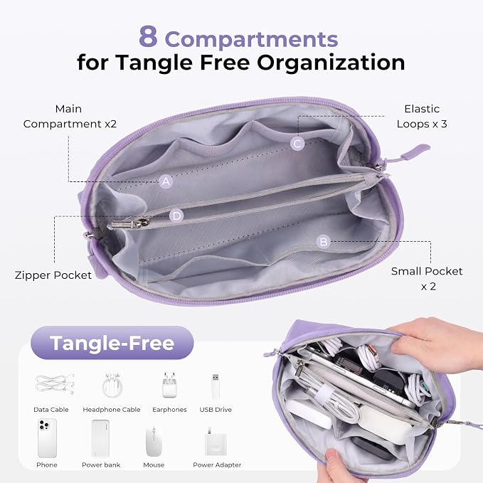 FYY Travel Cable Organizer - 8 Compartments, Lightweight, Water Repellent | With Wrist Strap, Portable Tech Pouch for Cord Charger, Travel and Business Trips Use, Soft Shell Nylon, Purple (Large)
