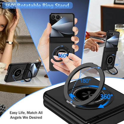 Hekodonk for Galaxy Z Flip 8 Case with 360 Rotatable Stand,[Compatible with MagSafe][Front Screen Protector],Magnetic Ring Holder with Hinge Protective Case for Samsung Z Flip 8,All Black