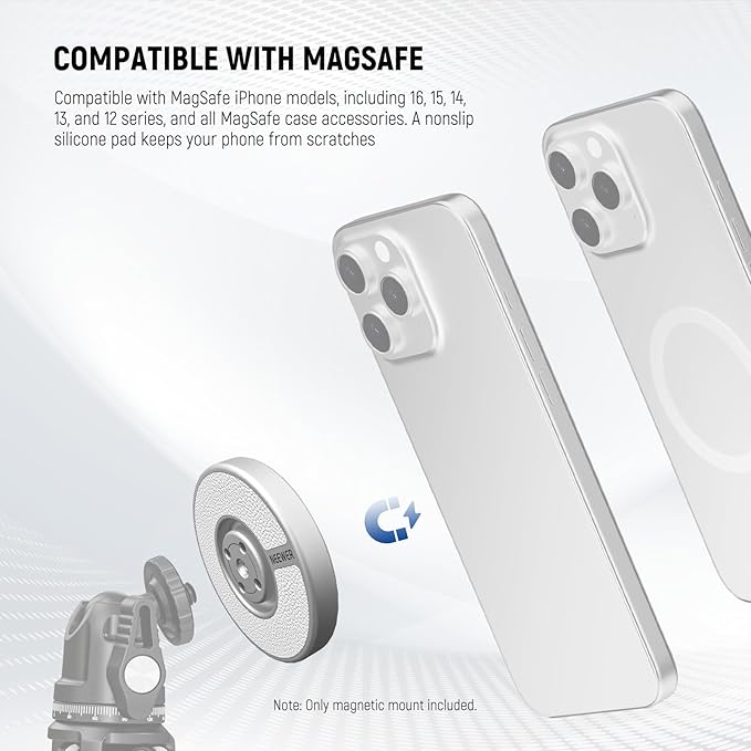 NEEWER Magnetic Phone Tripod Stand Mount Adapter with Adhesive Metal Ring 1/4" Thread Accessories Compatible with MagSafe iPhone 16 Pro Max 15 14 13 12 Selfie Stick Holder for Video Recording, PA080