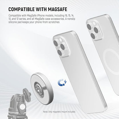 NEEWER Magnetic Phone Tripod Stand Mount Adapter with Adhesive Metal Ring 1/4" Thread Accessories Compatible with MagSafe iPhone 16 Pro Max 15 14 13 12 Selfie Stick Holder for Video Recording, PA080