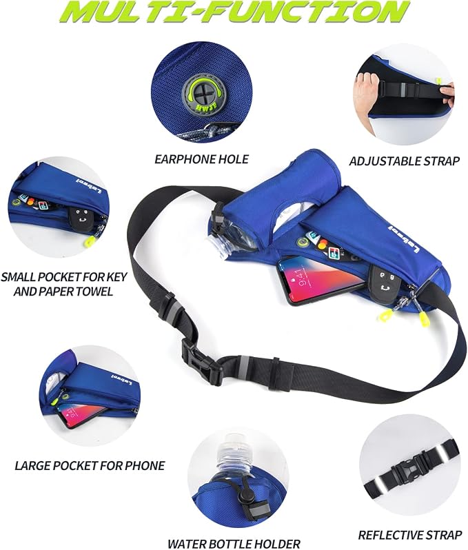 Running Belt, Waterproof Hydration Belt with Water Bottle Holder Hiking Walking Waist Pack Reflective Adjustable Fanny Pack Compatible for Phone Waistband Outdoor