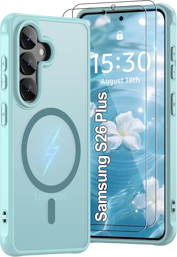 for Samsung Galaxy S26 Plus Phone Case: S26 Plus Case [Mag-Safe Fit] with 2PC HD Screen Protector,Frosted Translucent S26 Plus Case Soft-Touch Skin Protection for Galaxy S26 Plus Cover,Mint Greenn