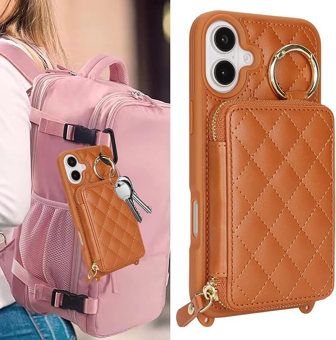 Crossbody Wallet Case for iPhone 17, PU Leather Zipper Handbag Purse Flip Cover, Kickstand Folio Case with Card Slots Holder Wrist Strap Lanyard 5G 6.3 Inch-Brown
