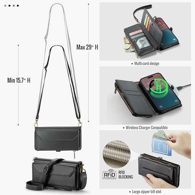 Strapurs Wallet Case Compatible with iPhone 16 6.1" RFID Blocking 7-Card Holder Soft PU Leather Magnetic Snap Shoulder Strap Zipper Pocket Phone Case Fit for iPhone 16 for Women - Black