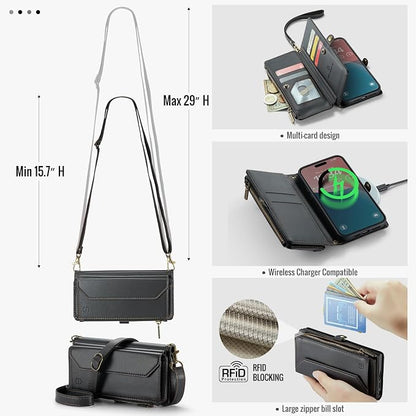Strapurs Wallet Case Compatible with iPhone 16 6.1" RFID Blocking 7-Card Holder Soft PU Leather Magnetic Snap Shoulder Strap Zipper Pocket Phone Case Fit for iPhone 16 for Women - Black