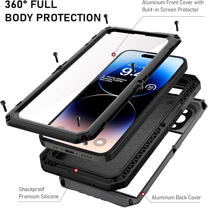 Beasyjoy Waterproof Case for iPhone 14 Pro, Metal Full Body Sealed Phone Case with Built-in Screen Protector, Military Grade Heavy Duty Defender Armor Shockproof Rugged Case 6.1 Inch, Black