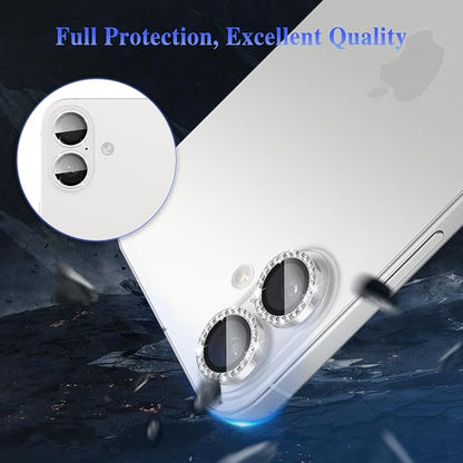 ShinKin Camera Lens Protector for iPhone 17, Glitter Camera Cover, 9H Tempered Glass Individual Metal Ring Camera Protector for iPhone 17 (Diamond - Silver)