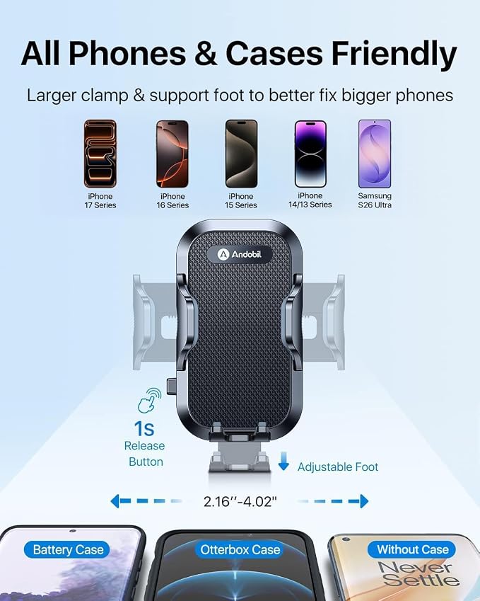 andobil 2026 Military-Grade Car Phone Holder [Upgraded Strongest Suction & Clip] Phone Holders for Your Car, Dashboard Windshield Vent Car Phone Mount for iPhone 17 Pro Max 16 15 14 13 12 Android