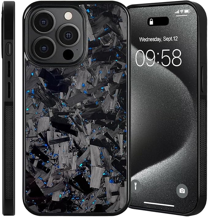 Hexafiber Phone Case,Forged Carbon Fiber Flakes Case,All-Inclusive,Support Wireless Charging,Anti-Slip Sides for iPhone Series (for iPhone 13 Pro Max,Blue)