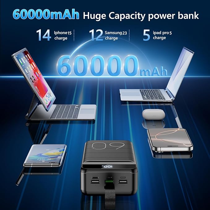 Power Bank 60000mAh 22.5W Fast Charging Portable Charger with Flashlight, 4 Outputs & 3 Inputs LED Display Huge Capacity External Battery Pack for Most Electronic Devices on The Market