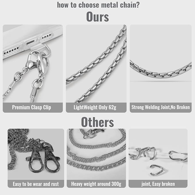 MOUTAKEY Metal Cell Phone chain Crossbody Phone lanyard with 2 Tether Tabs Detachable iPhone Chain Crossbody Strap,Non-rusting,Solid,iPhone Lanyard for Women Girls Travel Shopping Party Camping