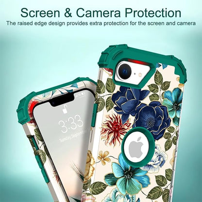 Hocase for iPhone 17e/iPhone 16e Case, Heavy Duty Shockproof Protection Hard Plastic+Silicone Rubber Hybrid Protective Phone Case for iPhone 17e/16e 6.1" - Teal Flowers