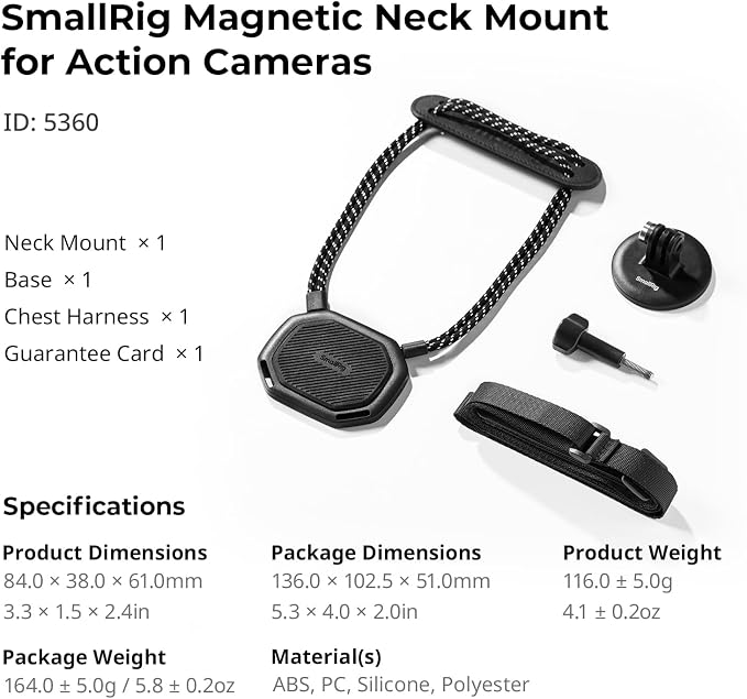 SMALLRIG Magnetic Neck Mount for Action Cameras, Quick Release Chest Mount with Strap, POV Vlogging for GoPro Hero 13/12/11/10/9, for DJI Osmo 360/Nano/Action 6/5 pro/4/3, for Insta360 Ace Pro 2-5360