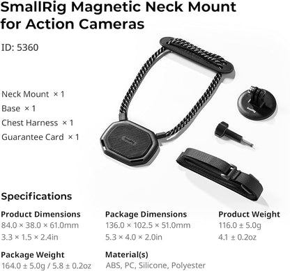 SMALLRIG Magnetic Neck Mount for Action Cameras, Quick Release Chest Mount with Strap, POV Vlogging for GoPro Hero 13/12/11/10/9, for DJI Osmo 360/Nano/Action 6/5 pro/4/3, for Insta360 Ace Pro 2-5360