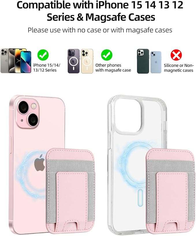 Upgraded for Magsafe Wallet, Strongest Magnetic Wallet for iPhone 17/16/15/14/13/12 Series, for iPhone Magsafe Walletwith 2 Card Slots, RFID Blocking, Slim, Vegan Leather, Fit 7 Cards, Baby Pink