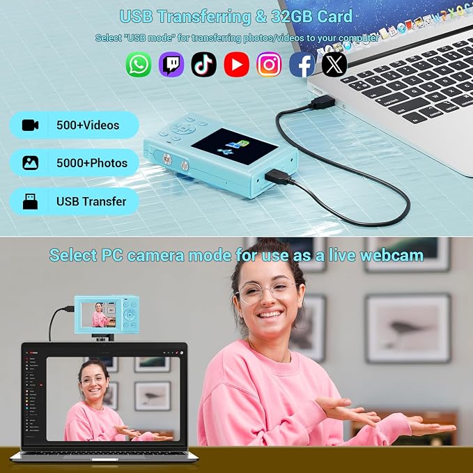 Digital Camera, 4K 44MP Autofocus Point and Shoot Camera with 16X Zoom 2.4" LCD Portable Compact Camera for Kids Teens Boys Girls Adults