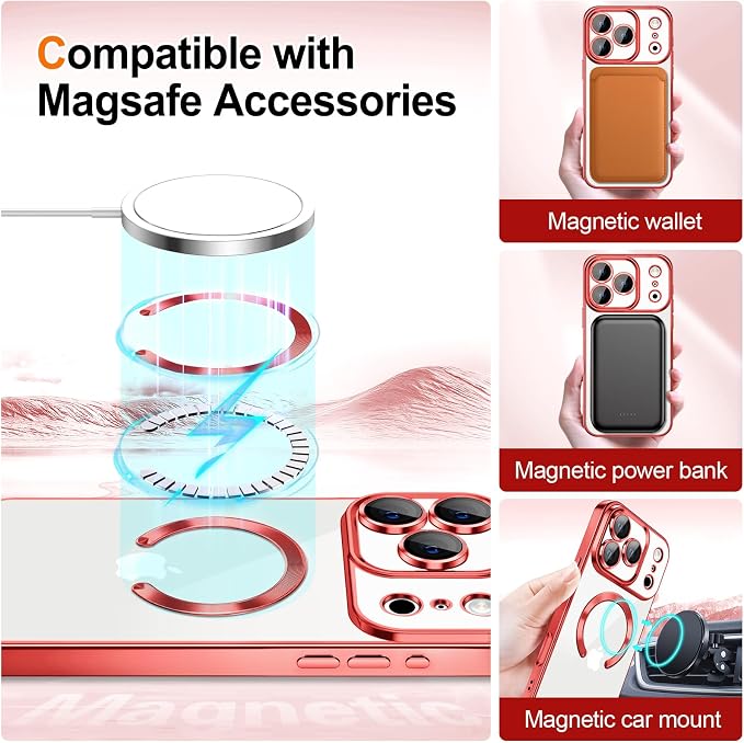 Hython for iPhone 17 Pro Case Glitter Clear Magnetic Phone Cases [Compatible with MagSafe] Full Camera Lens Protector Sparkle Luxury Plating Slim Shockproof Protective Cover Women, Gradient Red
