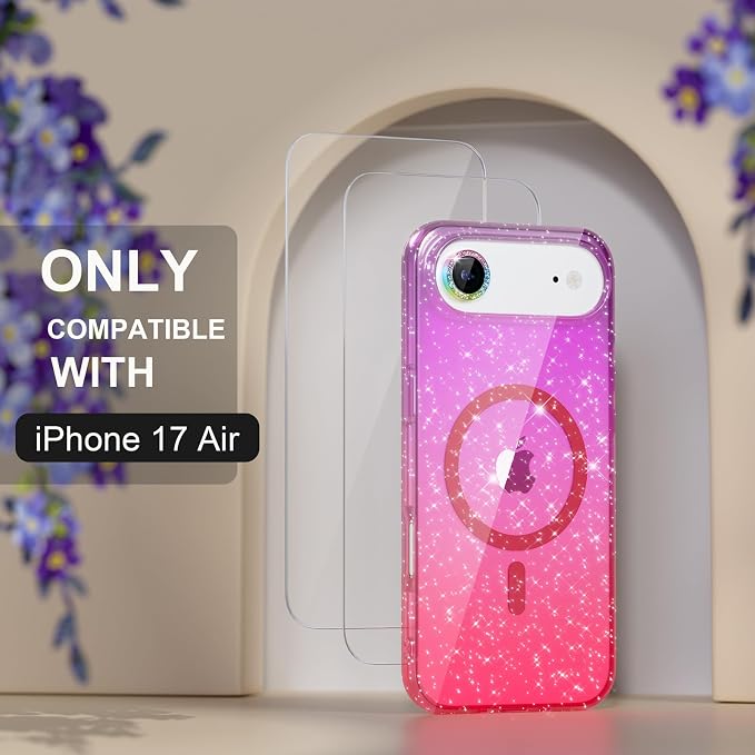 Choiche Magnetic for iPhone 17 Air Case Compatible with MagSafe, Women Cute Glitter Sparkly Phone Case with Diamond Camera Lens Protectors, Military-Grade Drop Protection 6.5" (Purple/Pink)