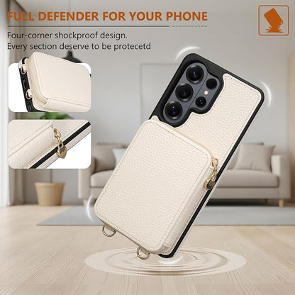 Keallce Wallet Case for Samsung Galaxy S26 Ultra 6.9",Crossbody Zipper Purse with RFID Blocking Card Slots Kickstand, Lanyard & Handstrap Flip Folio Leather Phone Cover for Galaxy S26 Ultra, White