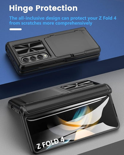 Viaotaily for Galaxy Z Fold 4 Case with Card Holder & Hinge Protection & Slide Camera Lens Cover & Screen Protector, Durable Sturdy Phone Case for Galaxy Z Fold 4 5G 2022 (Black)