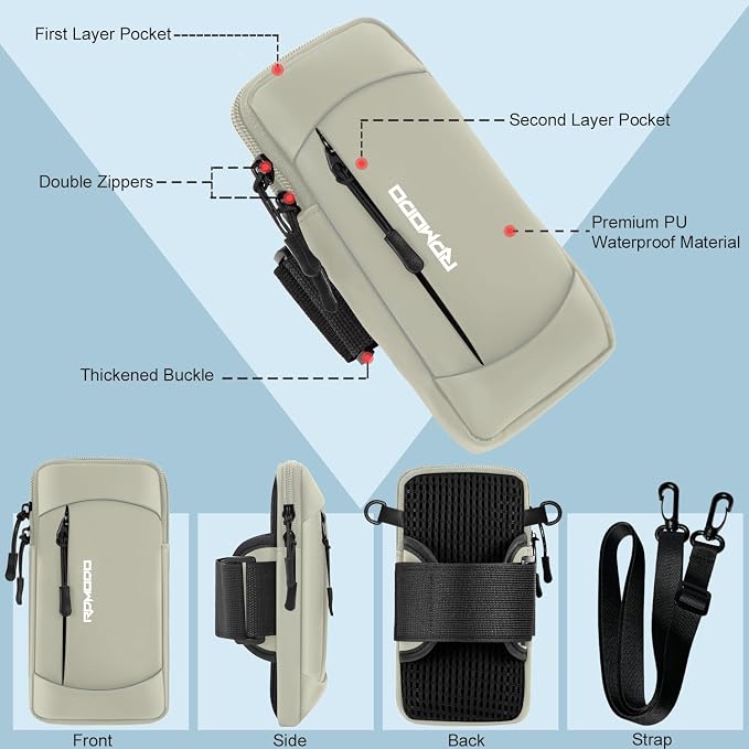 Phone Holder for Running, Waterproof Armband with Crossbody Strap, Lightweight Running Armband Phone Holder, Adjustable Elastic Running Band for iPhone Samsung 7.5 Inch (Crossbody Bag Khaki)