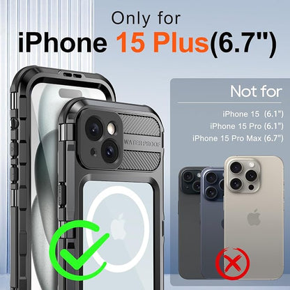 WIFORT for iPhone 15 Plus Waterproof Case - Built-in [Screen Protector][IP68 Water Proof][14FT Military Grade Shockproof], Rugged Metal Full Body Aluminum Protective Drop Protection Cover, 6.7" Black