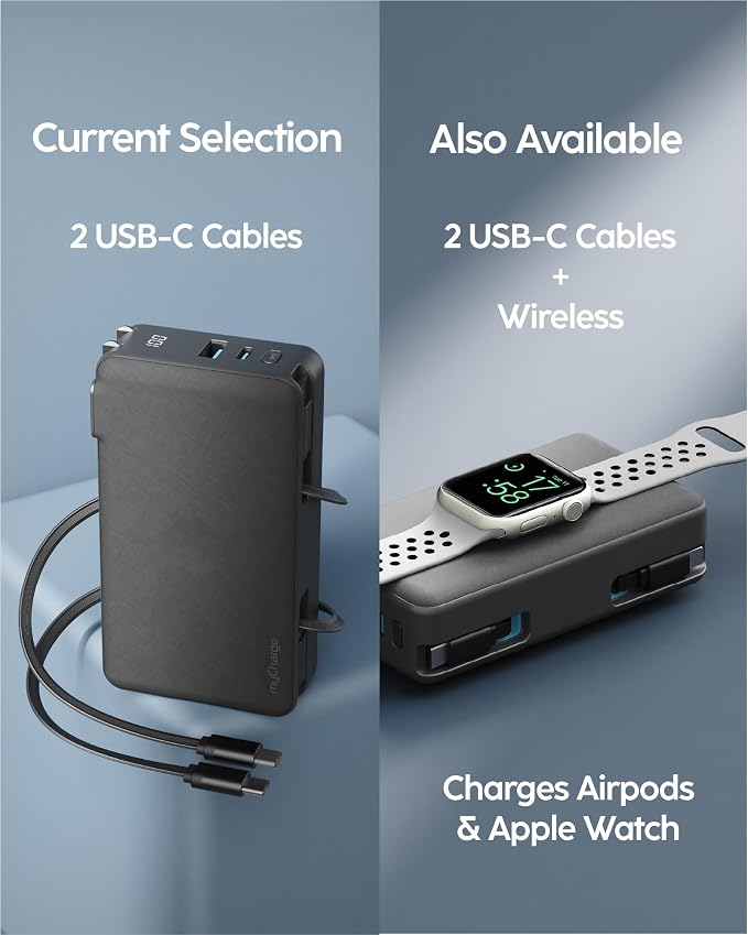 myCharge RetractaCharger 10000mAh Power Bank – 28" Retractable 2 USB-C Cables | Built-in Wall Plug | 30W PD Fast Charging | Digital Battery Display | USB-C/A Ports | Up to 60 Hrs Extra Power | Black