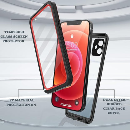 Diverbox for iPhone 12 Waterproof Case,Waterproof Shockproof Dustproof IP68 Full-Body Hard Case Built-in Screen Protector Underwater Outdoor Waterproof Cover for iPhone 12,6.1 in (Red)