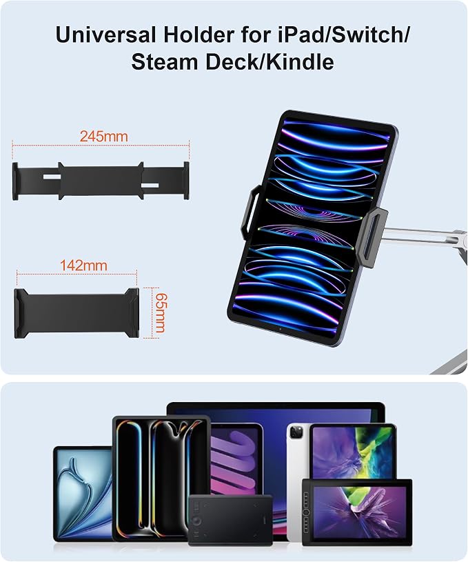 Tablet Arm Mount with Super Grip, Adjustable Foldable Holder & Heavy Duty Aluminum 360° Rotating Clamp for iPad, Phone, Monitor, Kindle - Universal for Desk, Bed, Kitchen - Silver